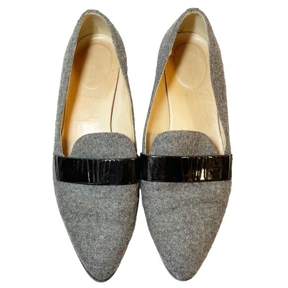 J. Crew Flats Gray Felted Wool Black Patent Leather Loafers Womens Size 8 Preppy - Picture 2 of 14